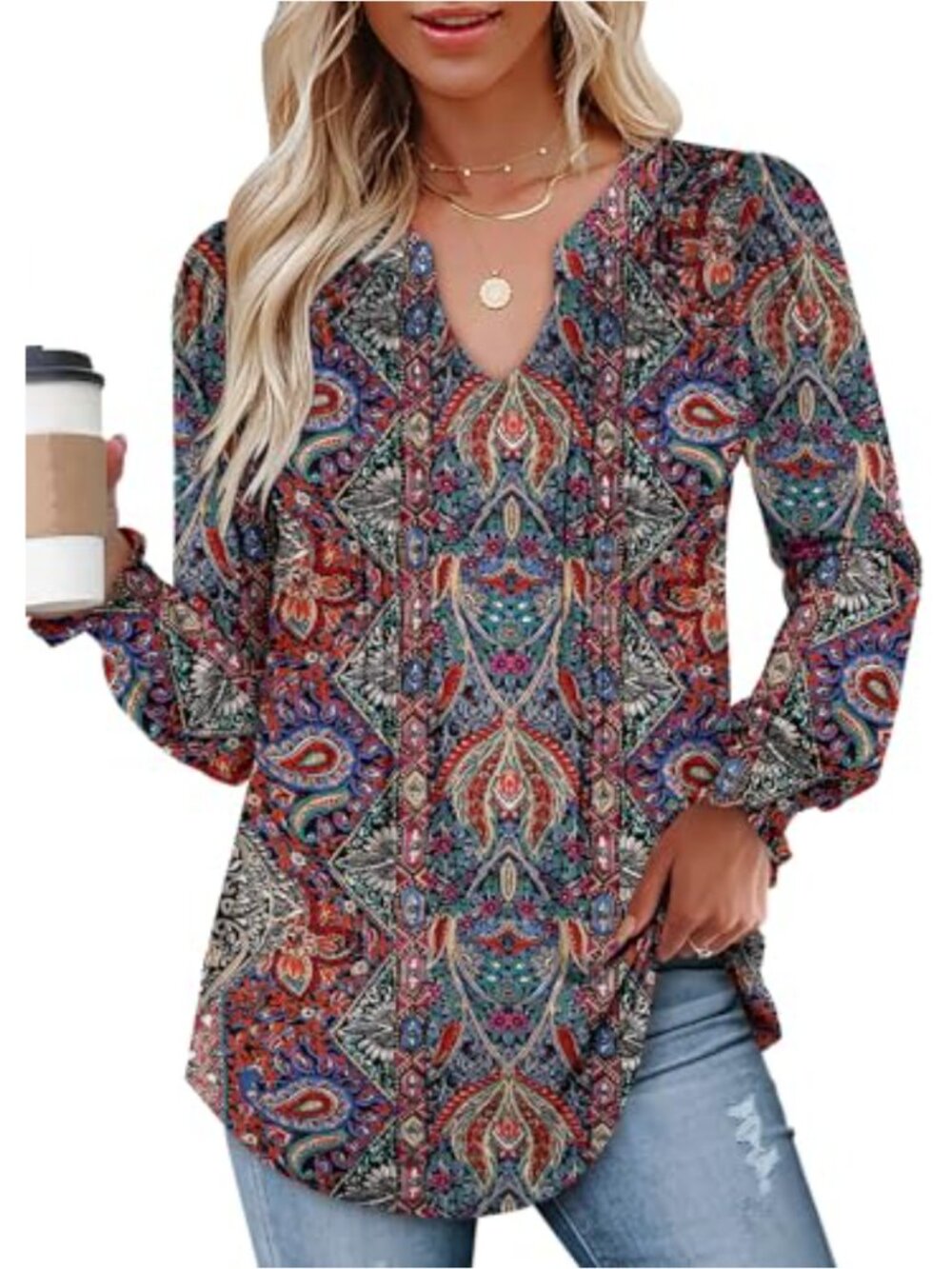 Womens V Neck Tunic Top Long Puff Sleeve Pleated Flowy Blouse